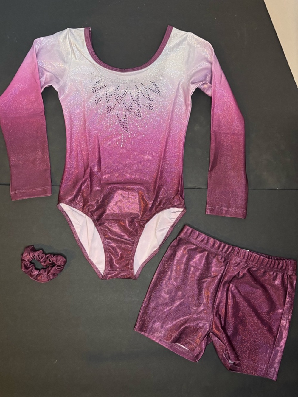 Girls Ombre Purple Gymnastics Leotard Set with Shorts and Scrunchie